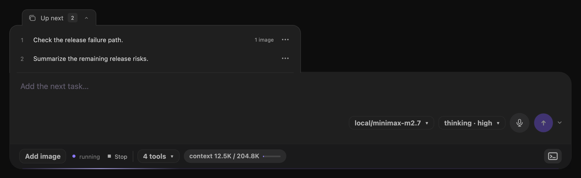 Composer with two queued Up next tasks above the prompt field