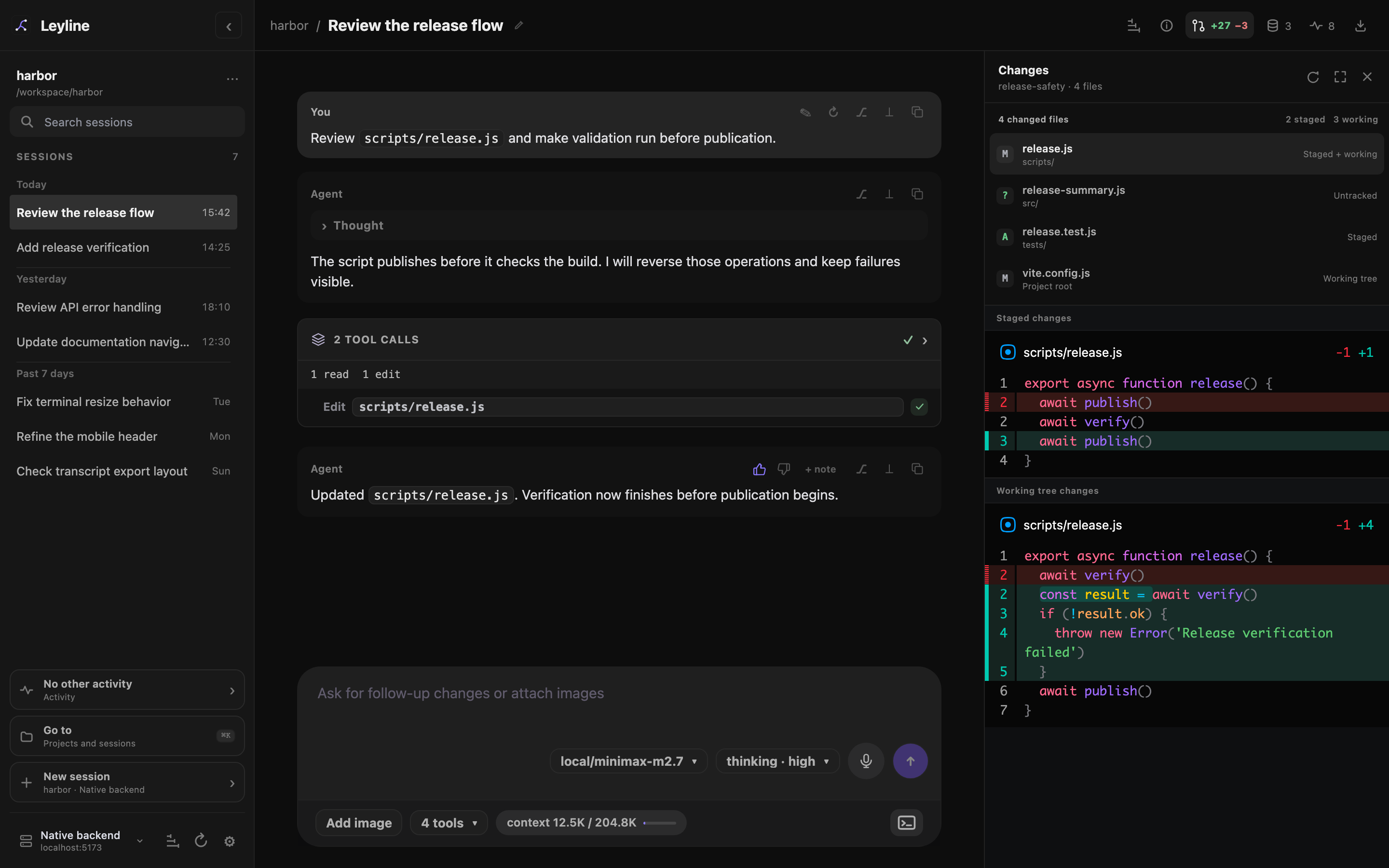 Git review pane showing changed files and unified diffs beside a session